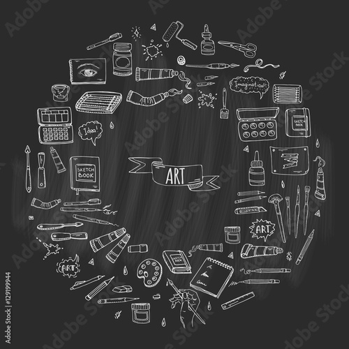 Wallpaper Mural Hand drawn doodle Art and Craft tools icons set Vector illustration art instruments symbols collection Cartoon various art tools Brush Watercolor Paint Artist elements on white background Sketch Torontodigital.ca