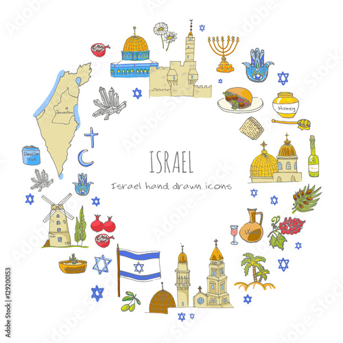 Seamless pattern. Set of hand drawn Israel icons. Jewish sketch. Vector illustration. Doodle elements, Isolated national elements background. Travel to Israel icon for card, web page. Hanukkah symbol.