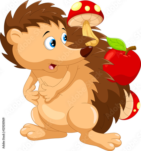 Cute hedgehog with mushrooms and apples on his body