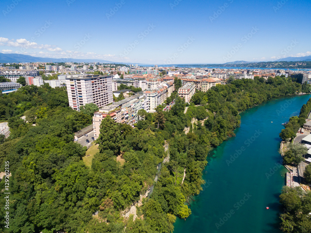 Aerial view of Arve an Rhone river confluent in  Geneva Switzerl