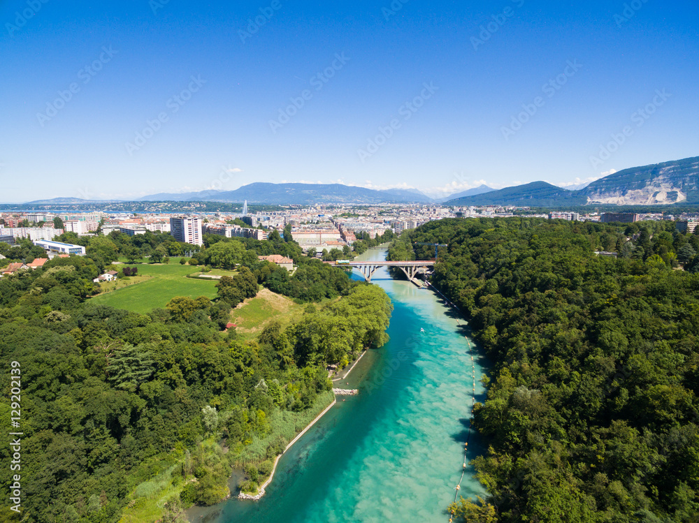 Aerial view of Arve an Rhone river confluent in  Geneva Switzerl