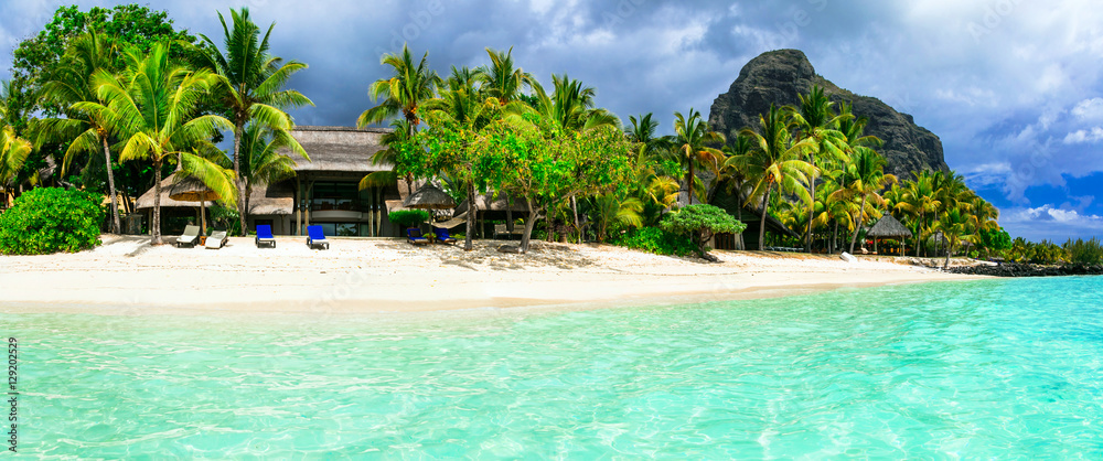 Turquoise sea and white sandy beaches of Mauritius island, Le Morne 