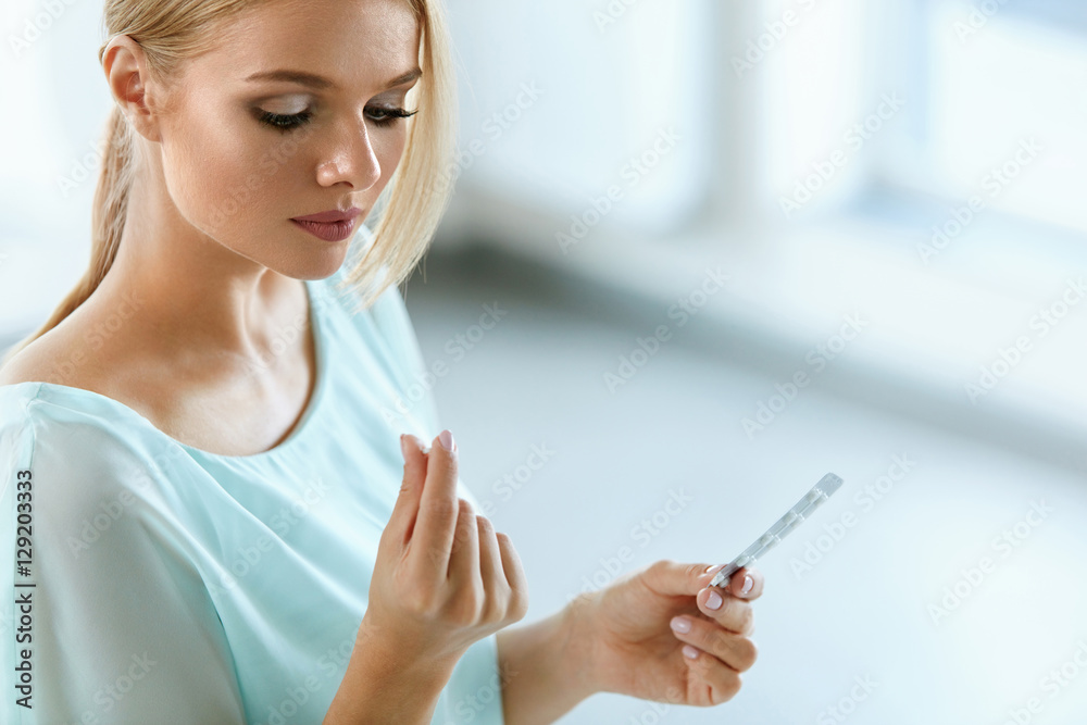 Woman Taking Medicine. Beautiful Girl With Pill Pack With Pills Woman Taking Medicine. Beautiful Girl With Pill Pack With Pills