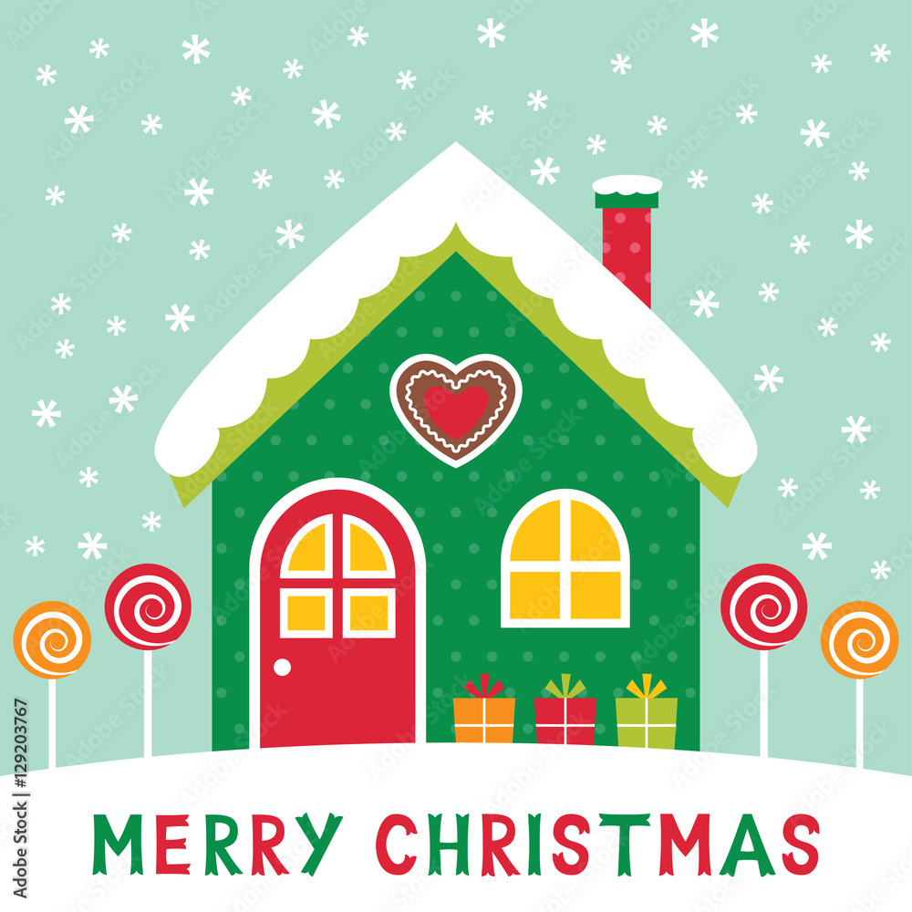 Christmas card with a cartoon winter house