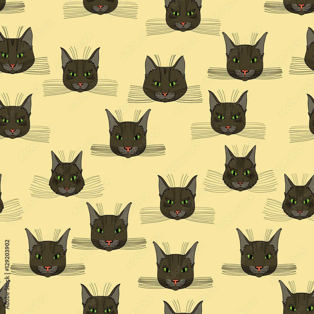 abstract vector doodle cat face seamless pattern