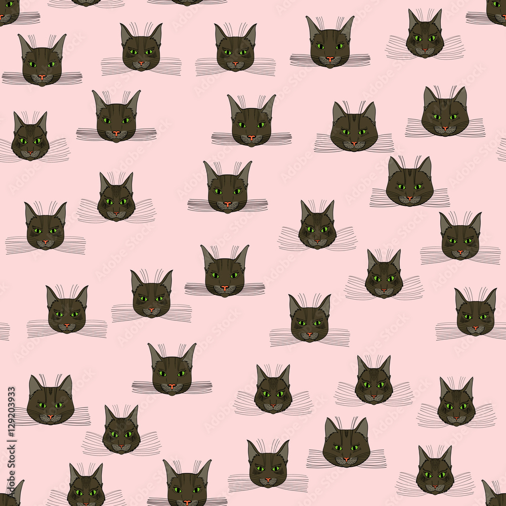 abstract vector doodle cat face seamless pattern