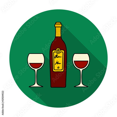 Bottle of red wine with glasses icon in flat style isolated on white background. Restaurant symbol stock vector illustration.