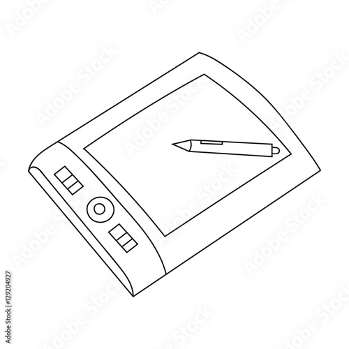 Drawing tablet with stylus icon in outline style isolated on white background. Artist and drawing symbol stock vector illustration.