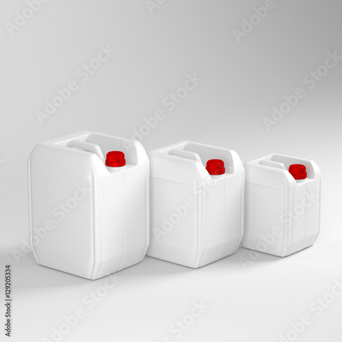 Three White plastic canister jerrycan in different sizes, 3d rendering