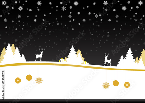 christmas card with trees, gifts, snowflakes and reindeers on black background