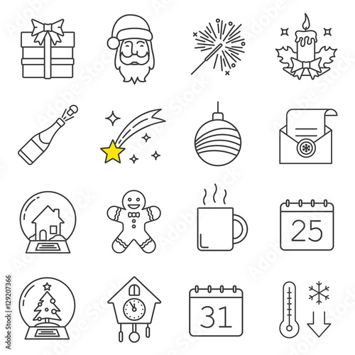 Christmas and New Year linear icons set