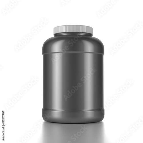 Sport Nutrition, Whey Protein and Gainer. Three Black Plastic Jars isolated on white background 3d rendering
