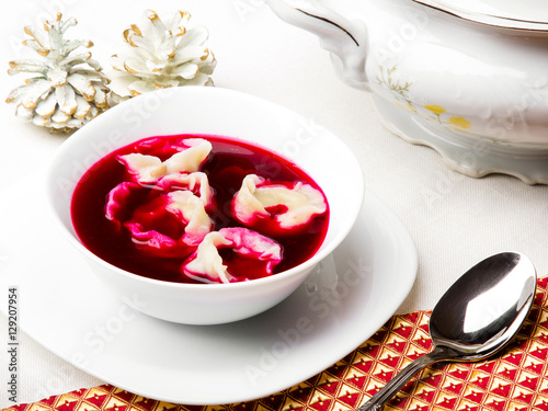 Red borsch with dumplings, traditional Polish Christmas Eve dish