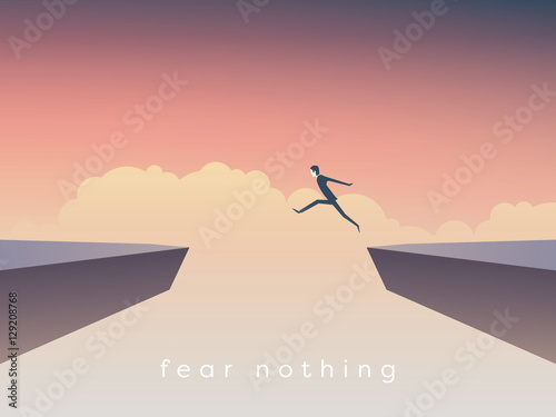 Businessman jumping over chasm vector concept. Symbol of business success, challenge, risk, courage.