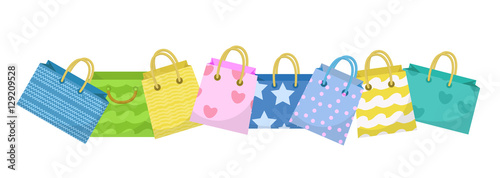 Cute shopping bag banner. Colorful shopping bags with different design board. Paper bags with space for text. Gift package. Vector Illustration