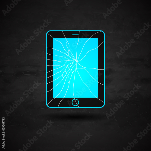 Vector illustration of brocken tablet pc. Realistic icon for your web concept. Abstract dark background in grunge style.