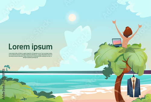 Man Freelance Remote Working Place Palm Tree Using Laptop Beach Summer Vacation Tropical View Flat Vector Illustration