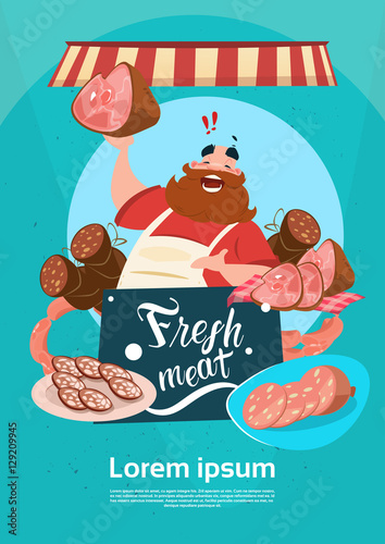 Farmer Sell Pork Meat Products On Eco Farm Organic Market Flat Vector Illustration
