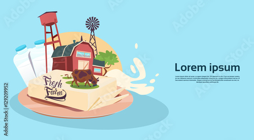Milk Dairy Products Eco Fresh Farm Banner Flat Vector Illustration