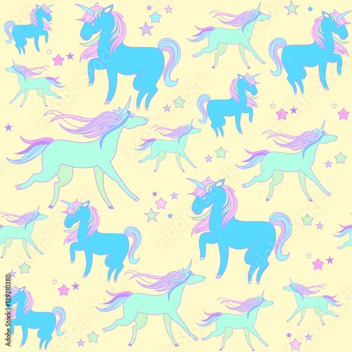 Blue unicorn on yellow background with stars.