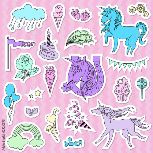Purple unicorns with candy  flag and stars on a pink background.