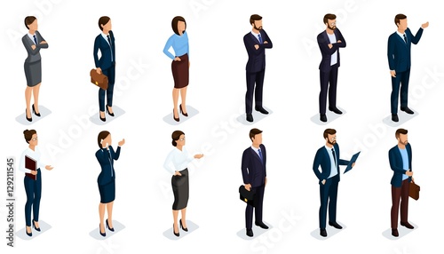 People Isometric 3D, isometric businessmen and business woman business clothes human movement. Concept isolated on white background