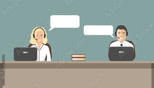 Call center concept. Young woman and a man in headsets sitting at the table. It can be used as a banner for websites. Vector illustration