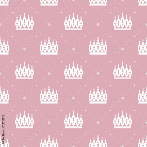 Seamless pattern in retro style with a white crown on a pink background. Can be used for wallpaper  pattern fills  web page background surface textures. Vector Illustration.