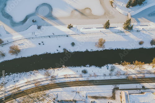 Winter sunset in Panevezys city center, Lithuania. Aerial view
 photo