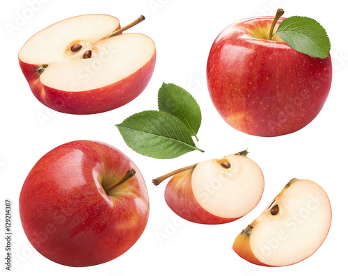Leinwand Poster Red apple whole pieces set isolated on white background