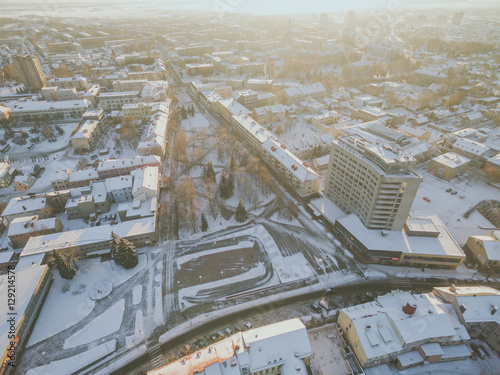 Winter sunset in Panevezys city center, Lithuania. Aerial view
 photo