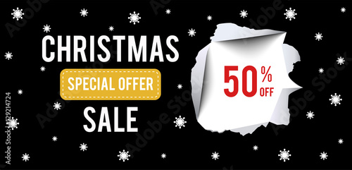 Christmas Sale banner on black background with 50 percent discount.