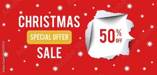 Christmas Sale banner on red background with 50 percent discount.