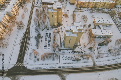 Winter sunset in Panevezys city center, Lithuania. Aerial view photo