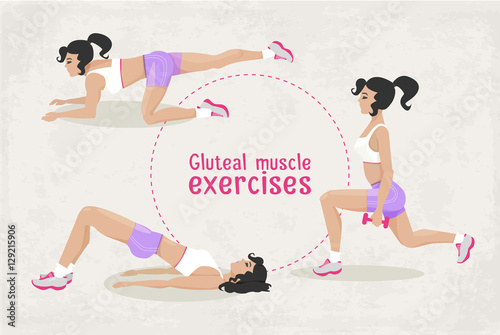 Vector Set of fitness gluteal muscle workout exercises for woman