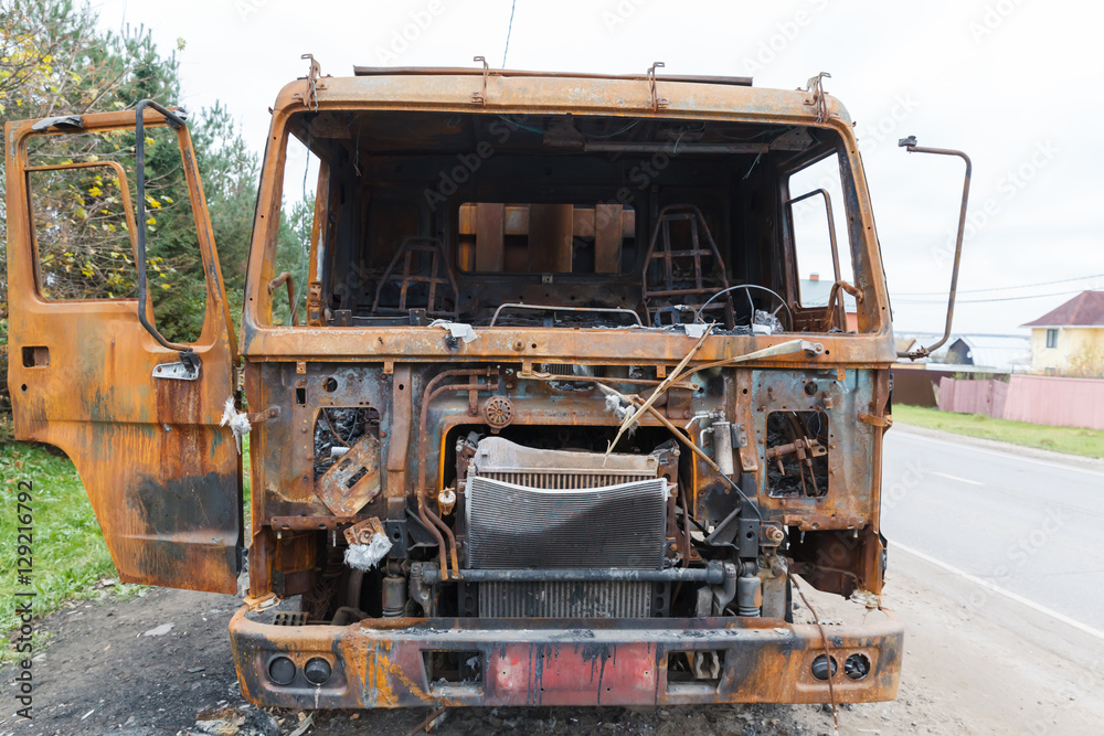 truck completely burned on the roadside