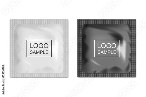 Realistic blank packaging foil wet wipes, food packing or condom template set.