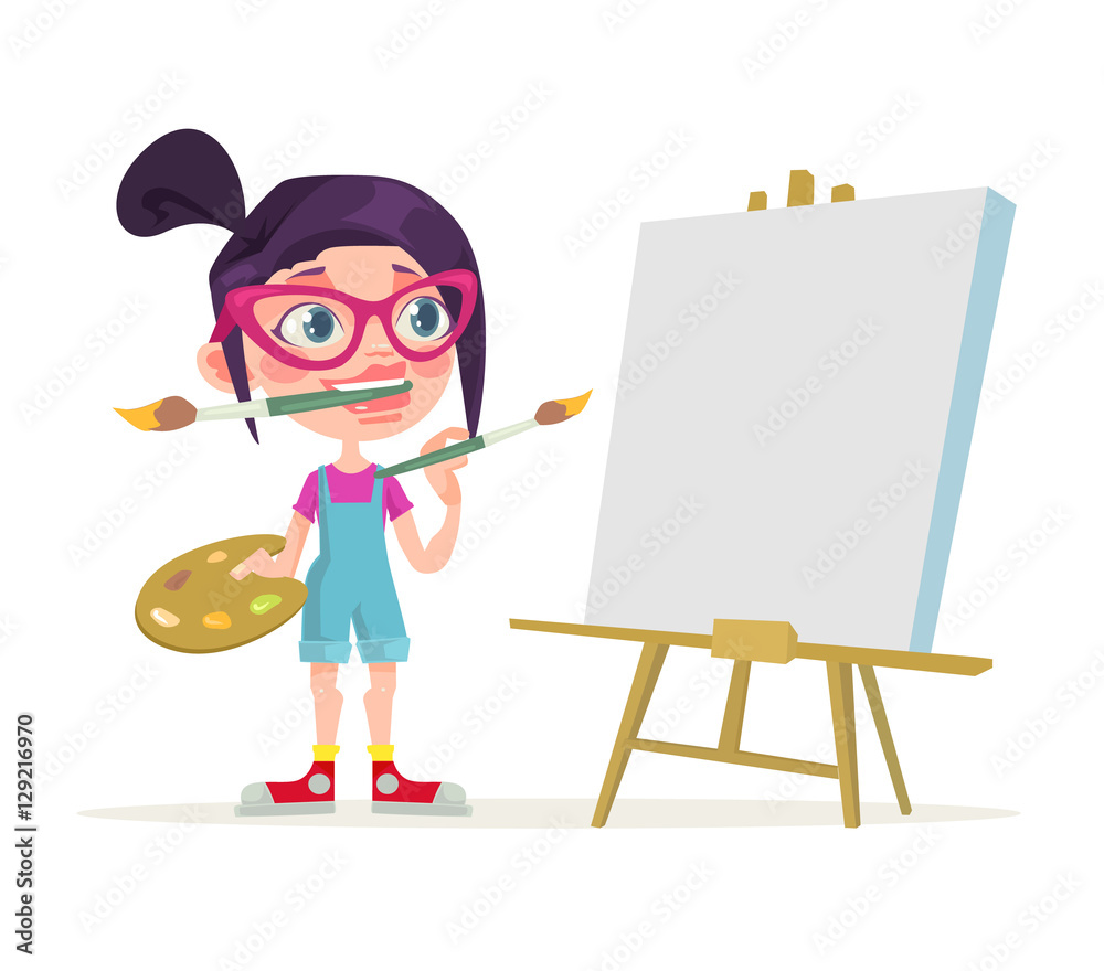 Little girl artist character. Blank canvas. Vector flat cartoon ...