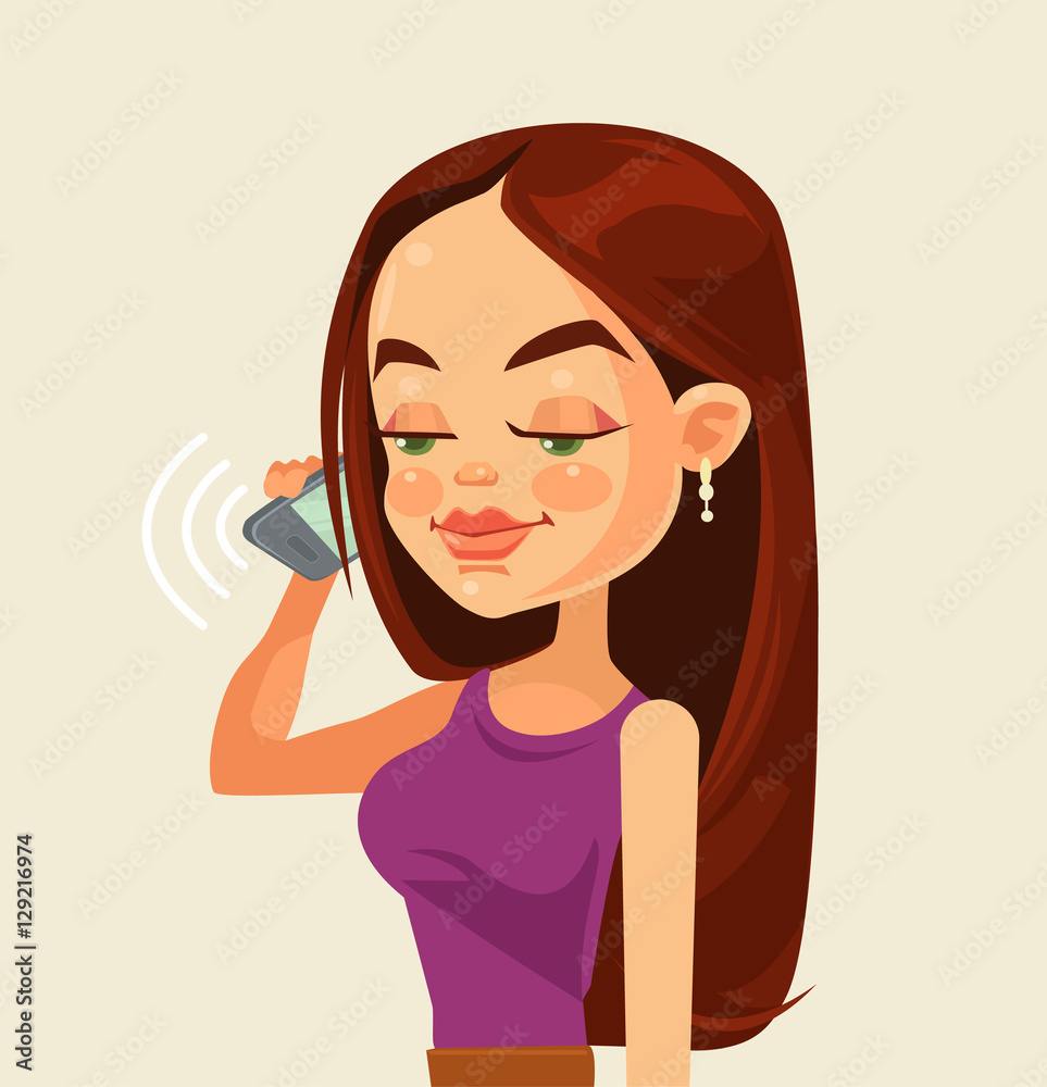 Girl character talking on phone. Modern technologies. Vector flat cartoon illustration Girl character talking on phone. Modern technologies. Vector flat cartoon illustration