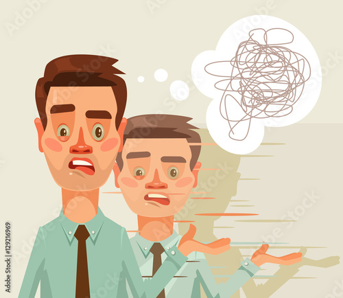 Confused puzzled thinking office worker man character. Split personality. Vector flat cartoon illustration