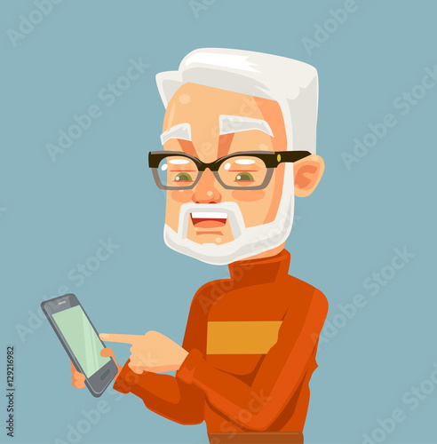 Elderly man character looking on smartphone and typing massage. Modern technologies. Vector flat cartoon illustration