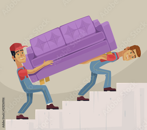 Two loader men characters mover sofa. Vector flat cartoon illustration