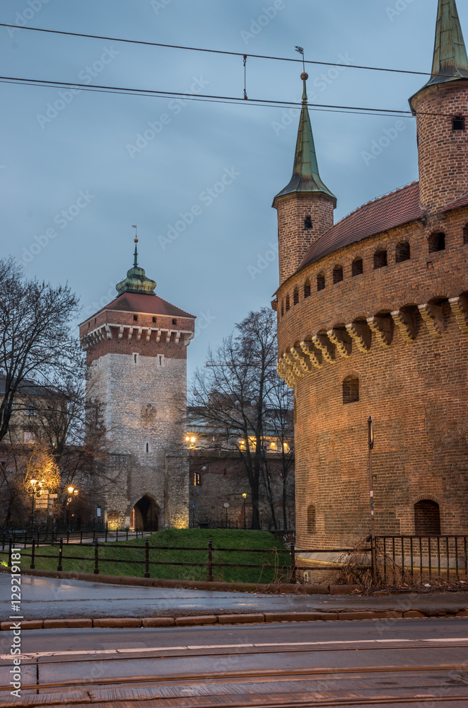 Medieval barbicane and Florianska gate tower in the morning, Krakow, Poland