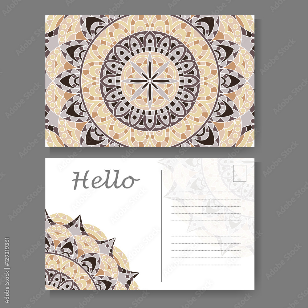 Postcard design with vintage decorative element. Template for greering card. Mandala vector illustration