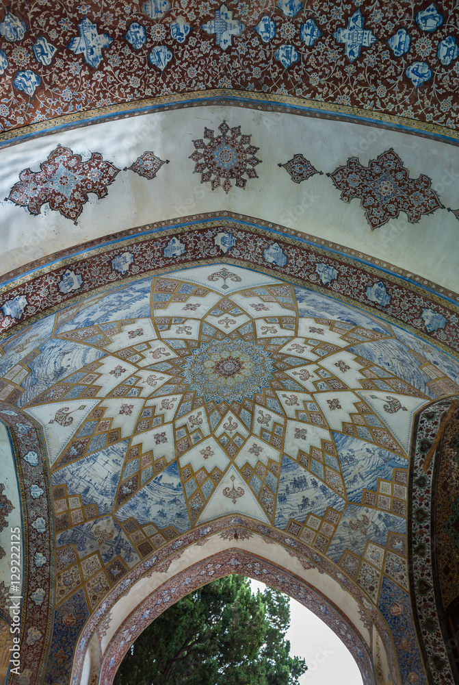 Tiled ceiling of pavilion in Historical Fin Garden in Kashan city, Iran