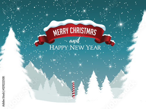 Merry Christmas and Happy New Year with a festive red ribbon in a north pole fantasy landscape. EPS 10 vector.