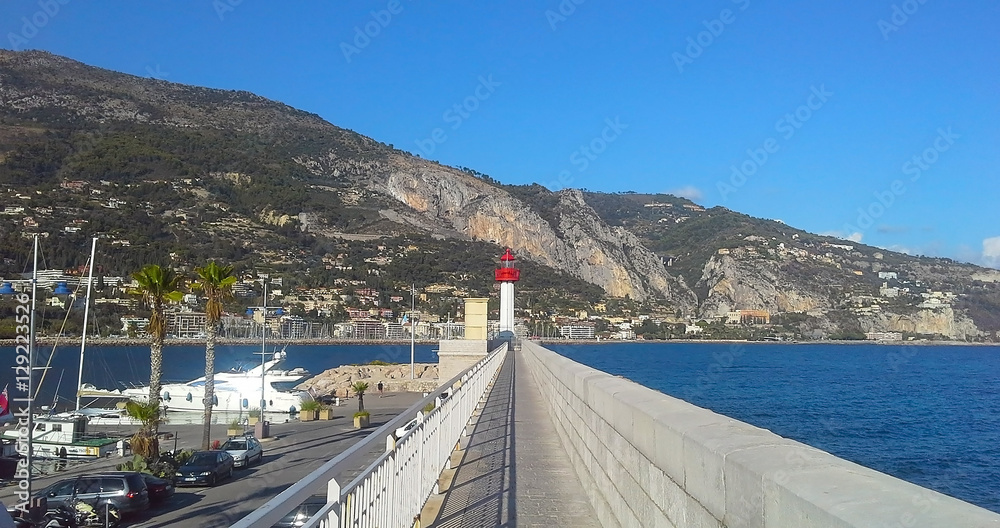 Lighthouse of Menton, a commune in the Alpes-Maritimes department in the Provence-Alpes-Cote of Azur region in southeastern France.