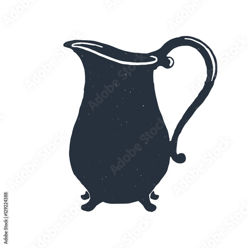 Creamer. Milk. Kitchen. Hand drawn vintage pitcher. Sketch style. Vector illustration. T-shirt print. Poster. Isolated on white background.