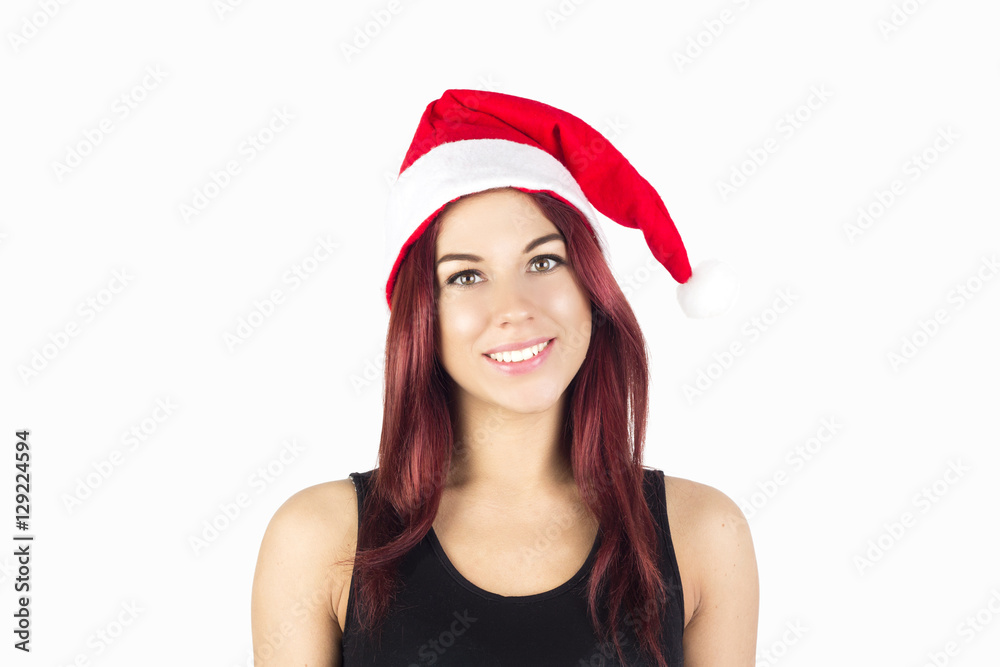 Portrait of woman in santa hat on white background. Smiling happy christmas woman Portrait of woman in santa hat on white background. Smiling happy christmas woman