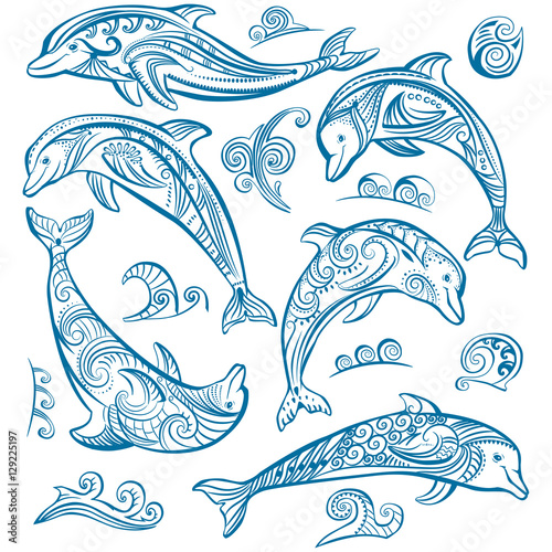 Set of decorated dolphins